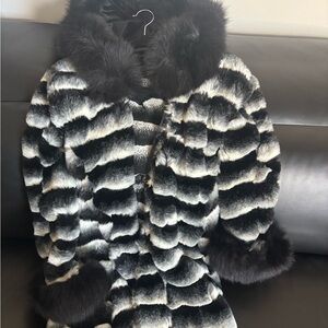 Luxurious Black and Gray Faux Fur Coat with real fox hood and cuff custom piece